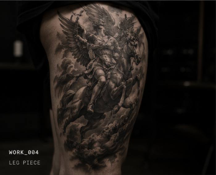 Black and grey tattoo of an angel riding a horse, full leg piece